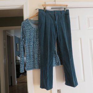 Coldwater Creek Teal Corduroy Pants sz 8 and Top sz lge